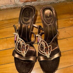Baby Phat Bronze Jeweled Butterfly Strap Heels